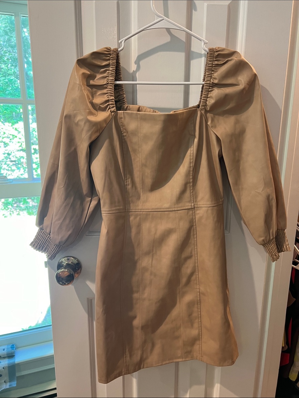7 For All Mankind Tan Puff-Sleeve Square Neck Mini Dress